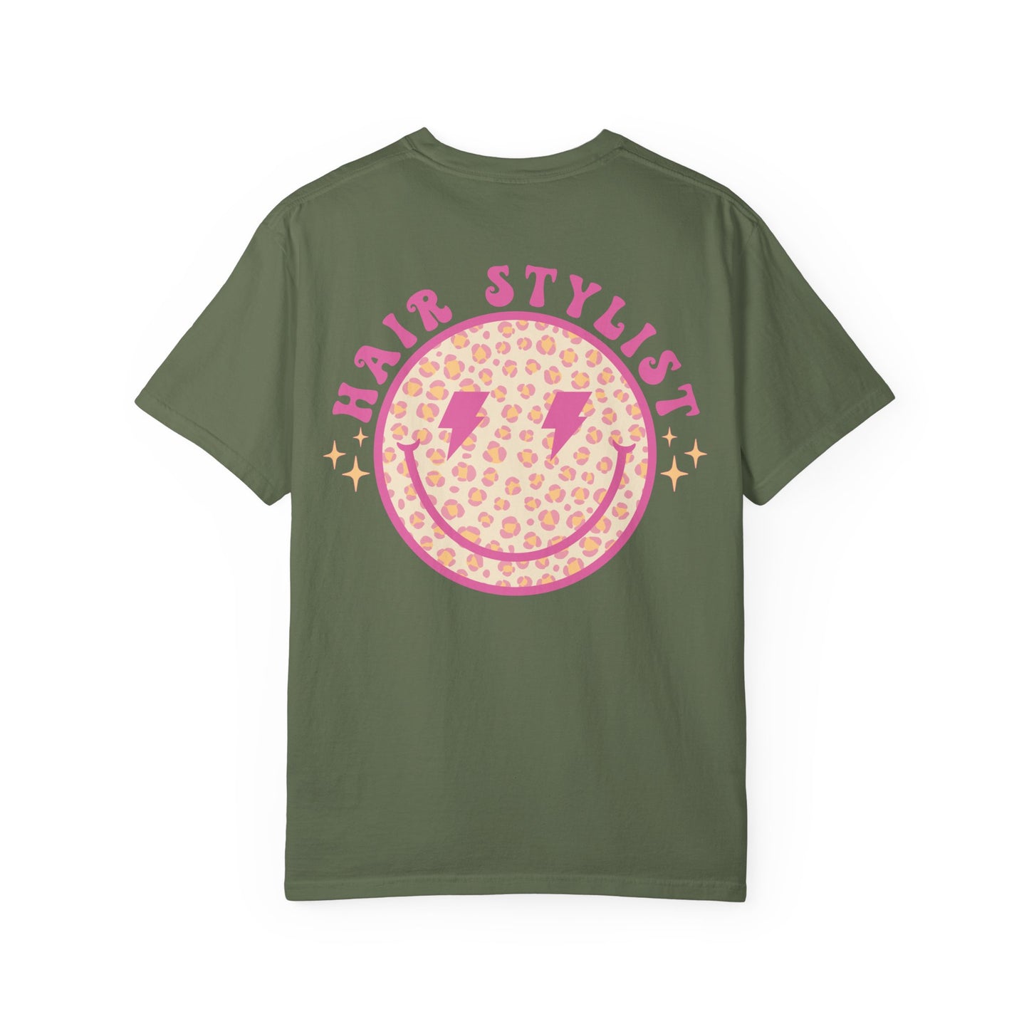 Hair Stylist Smiley T-Shirt — Pink Leopard Smiley Tee for Hairdressers