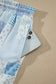 Sky Blue Patchwork Floral Print Drop Shoulder Baggy Pullover Drawstring Shorts Set