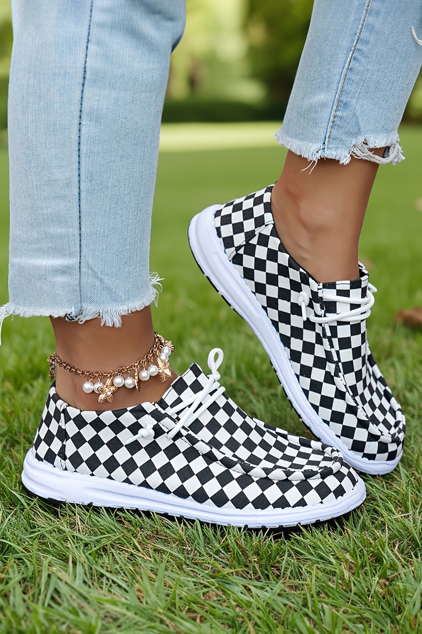 Color black Checkered Print Lace-up Detail Flat Shoes