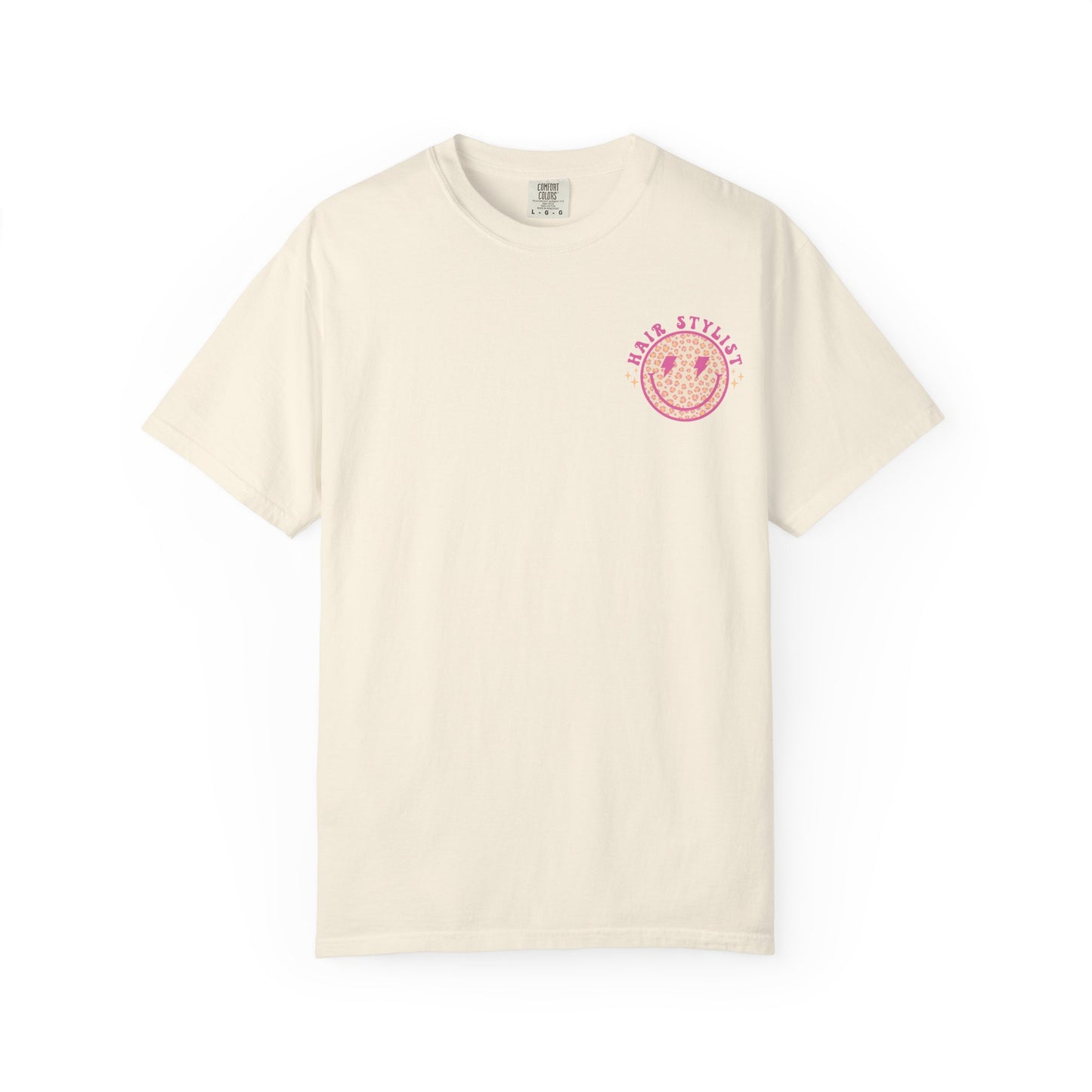 Hair Stylist Smiley T-Shirt — Pink Leopard Smiley Tee for Hairdressers