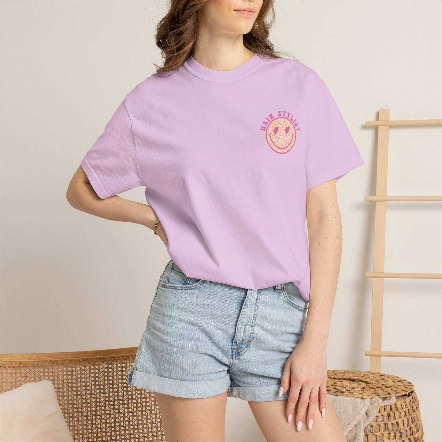 Hair Stylist Smiley T-Shirt — Pink Leopard Smiley Tee for Hairdressers