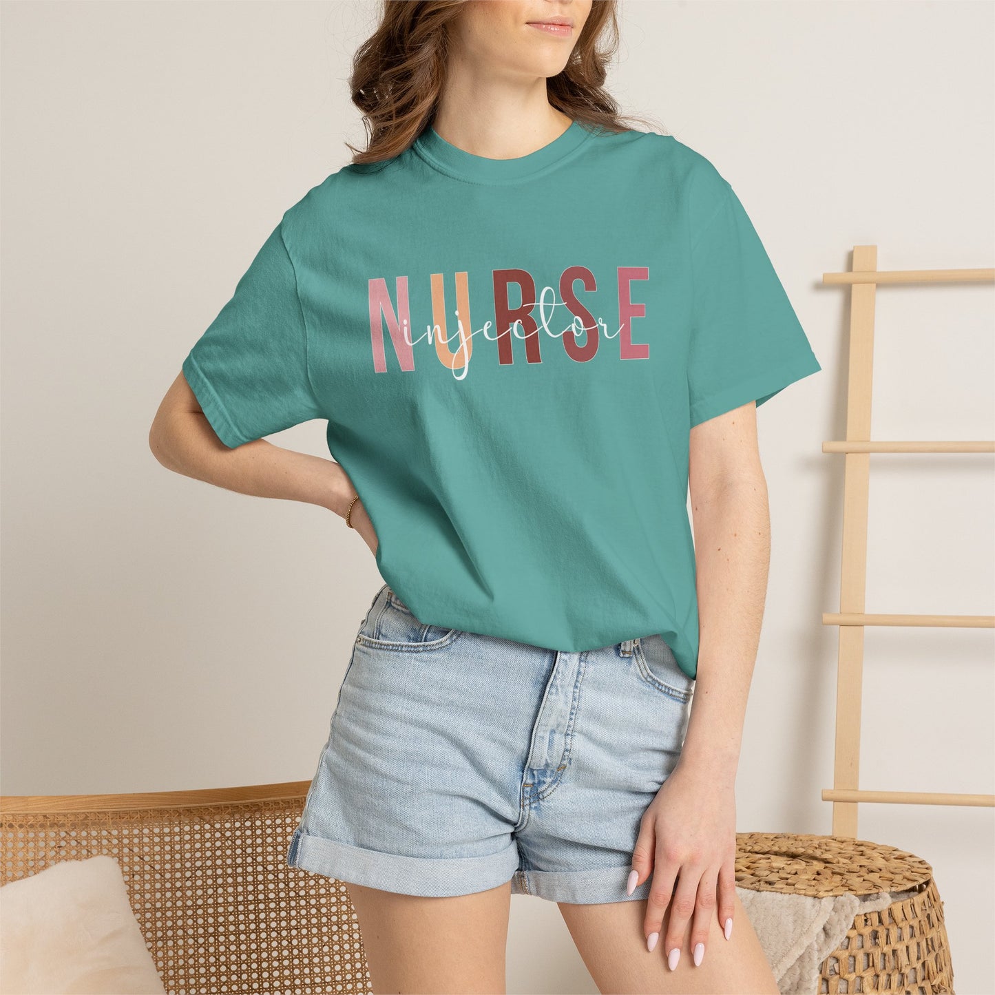 Nurse Injector Vibes Garment-Dyed T-Shirt — 'NURSE' Pastel Block & Script Design