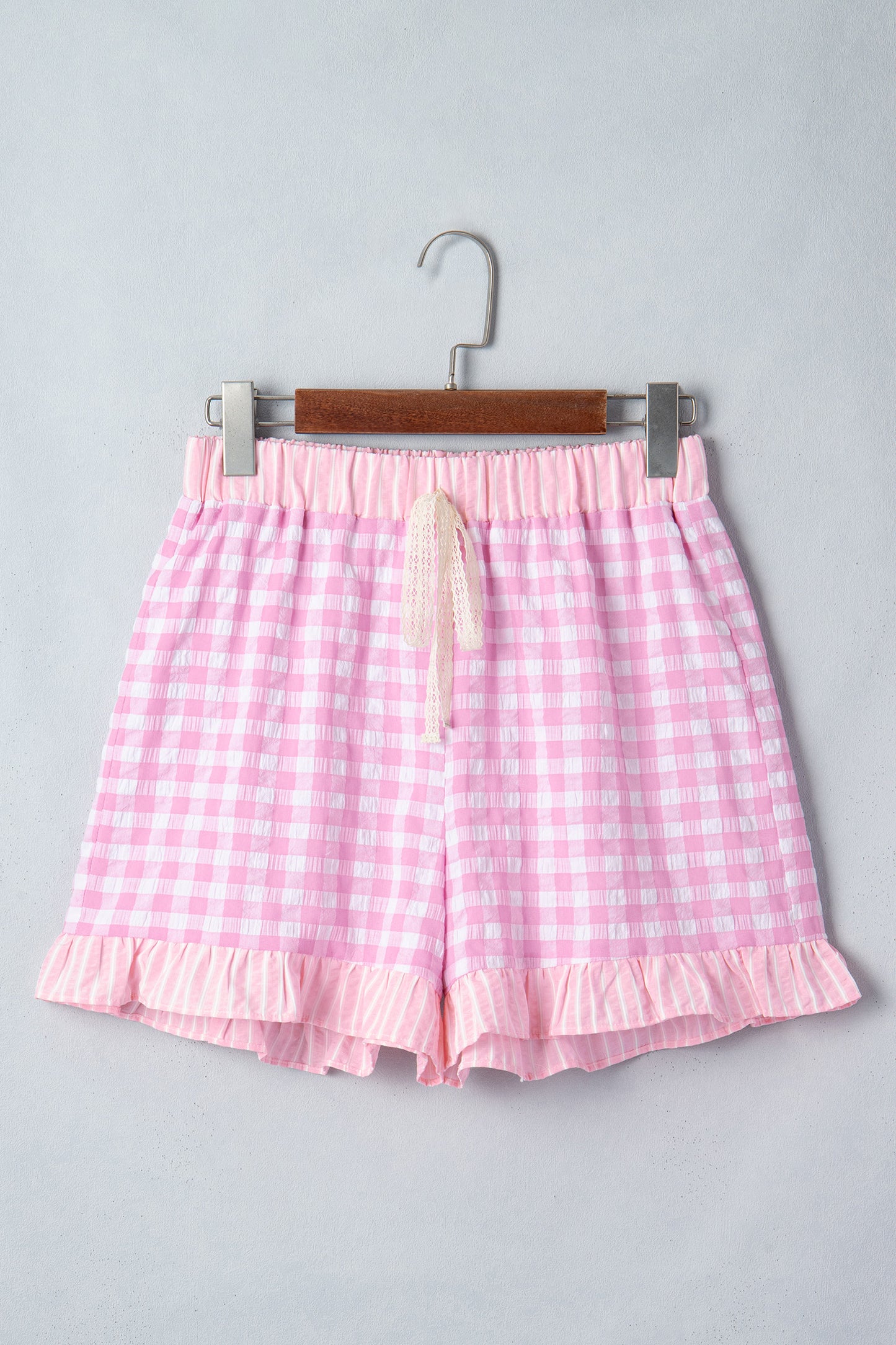 Sky Blue Gingham Print Ruffle Striped Detail Lace Tie Shorts
