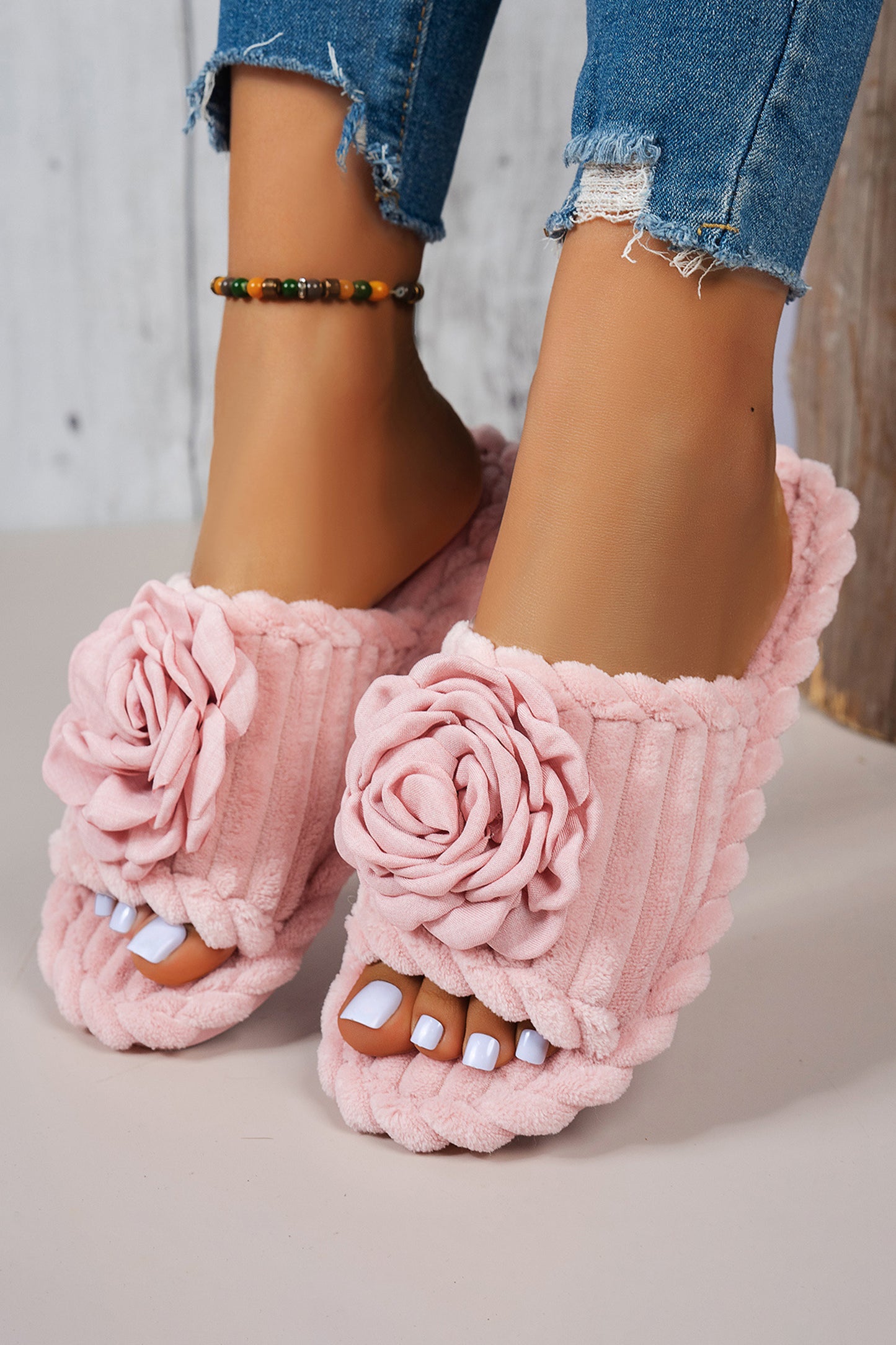 Pink Solid Color 3D Flower Accent Corded Ribbed Open Toe Slippers