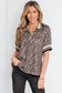 Khaki Leopard Print Half Zip Striped Trim Patchwork Short Sleeve Top