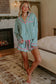 Green Stripe Contrast Ricrac Trim Long Sleeve Shirt Drawstring Ruffled Pajama Short Set