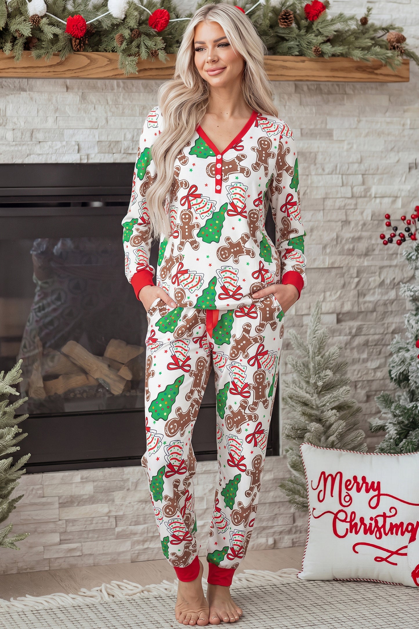 Pink Christmas Pattern Button V Neck Pullover Drawstring Pants 2pcs Lounge Set