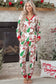 Pink Christmas Pattern Button V Neck Pullover Drawstring Pants 2pcs Lounge Set