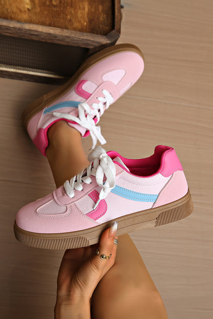 Rose Red Color Block PU Leather Patchwork Lace Up Flat Shoes