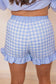 Sky Blue Gingham Print Ruffle Striped Detail Lace Tie Shorts