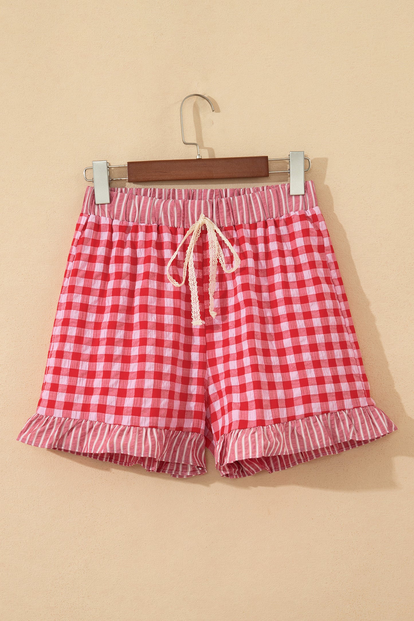Sky Blue Gingham Print Ruffle Striped Detail Lace Tie Shorts