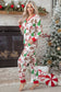 Pink Christmas Pattern Button V Neck Pullover Drawstring Pants 2pcs Lounge Set