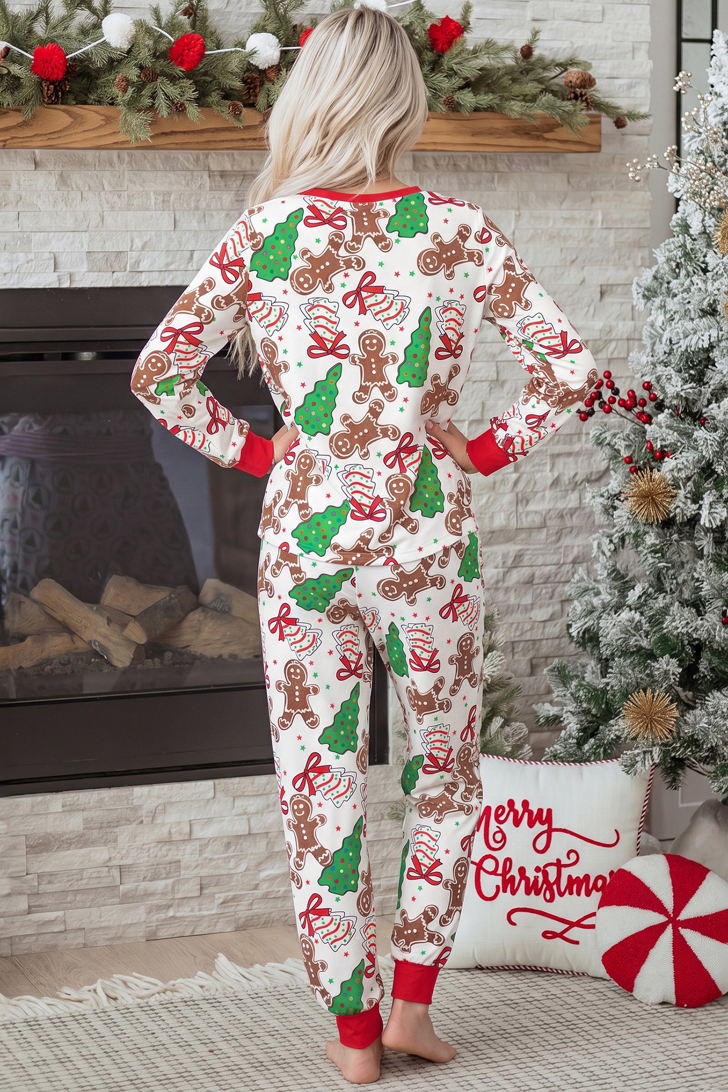 Pink Christmas Pattern Button V Neck Pullover Drawstring Pants 2pcs Lounge Set