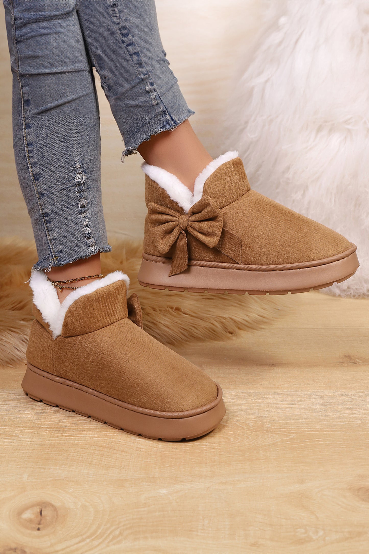 Brown Faux Suede Bow Decor Plush Lining Snow Booties