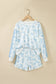 Sky Blue Floral Print Striped Detail Long Sleeve Top Ruffle Hem Shorts 2pcs Set